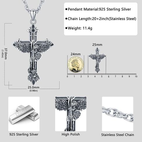 Aniu S925 Sterling Silver St Michael/St Christopher/St Benedict/Saint Jude/Jesus Crucifix/St uriel/Archangel Raphael/St Patrick/Saint Andrew/Saint Florian Necklace for Men Pendant Medallion Medallion المجوهر in Kuwait