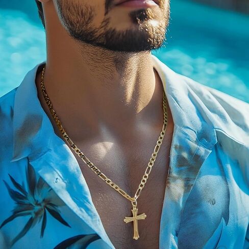 Gold Cross Necklace for Men 14K Gold Cross Chain for Men with Figaro Chain Intricate Gothic Details with Ornate Edges Dainty Mens Crosses Pendant 20/22/24 in in Saudi Arabia