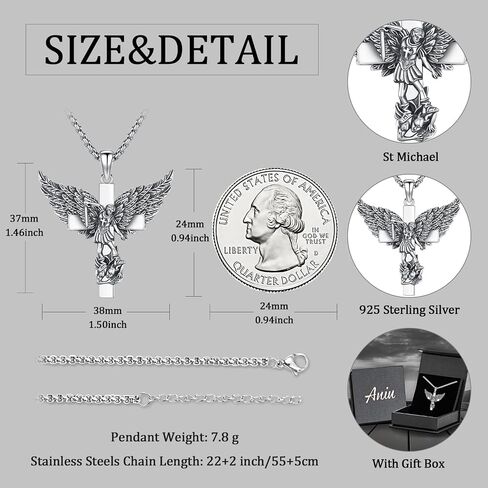 Aniu S925 Sterling Silver St Michael/St Christopher/St Benedict/Saint Jude/Jesus Crucifix/St uriel/Archangel Raphael/St Patrick/Saint Andrew/Saint Florian Necklace for Men Pendant Medallion Medallion المجوهر in Kuwait