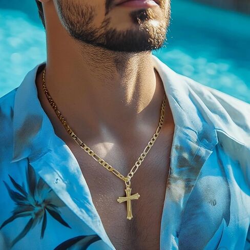 Gold Cross Necklace for Men 14K Gold Cross Chain for Men with Figaro Chain Intricate Gothic Details with Ornate Edges Dainty Mens Crosses Pendant 20/22/24 in in Saudi Arabia