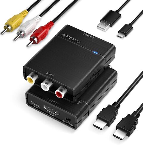 Portta RCA to HDMI Converter, AV to HDMI 1080P, Mini Composite CVBS to Digital Adapter Upscaler, Support PAL/NTSC, Compatible with VHS, VCR, PS3, N64, Wii, STB, Xbox, Blue-Ray DVD Players, Grey in Saudi Arabia
