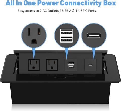 Kungfuking Conference Table Power Hub, Outlet Multimedia Connectivity Box with 1 HDMI + 1 RJ45 + 20W USB C + 2 USB A + 2 AC Outlets, Heavy Duty Metal Table Top Box for Countertop Office UL Listed in Kuwait