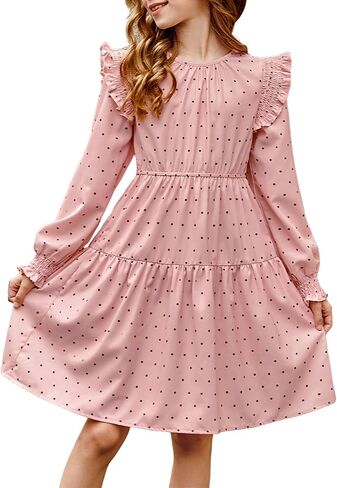 Girls Vintage Puff Long Sleeve Ruffle Dresses with Two Side Pockets for 6-13 Years, Fall/Spring/Summer in Kuwait