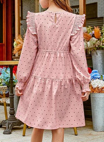 Girls Vintage Puff Long Sleeve Ruffle Dresses with Two Side Pockets for 6-13 Years, Fall/Spring/Summer in Kuwait