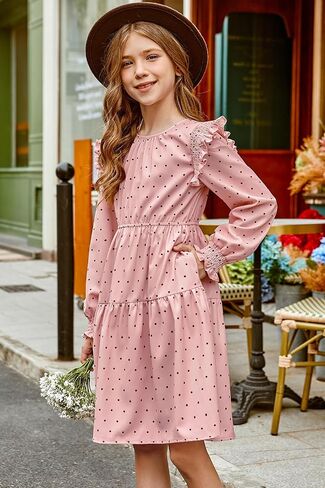 Girls Vintage Puff Long Sleeve Ruffle Dresses with Two Side Pockets for 6-13 Years, Fall/Spring/Summer in Kuwait