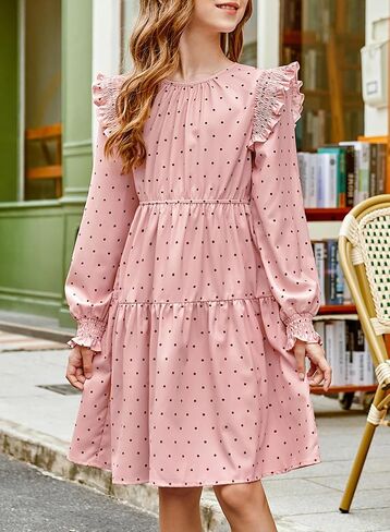 Girls Vintage Puff Long Sleeve Ruffle Dresses with Two Side Pockets for 6-13 Years, Fall/Spring/Summer in Kuwait