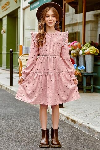 Girls Vintage Puff Long Sleeve Ruffle Dresses with Two Side Pockets for 6-13 Years, Fall/Spring/Summer in Kuwait