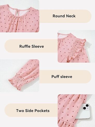 Girls Vintage Puff Long Sleeve Ruffle Dresses with Two Side Pockets for 6-13 Years, Fall/Spring/Summer in Kuwait