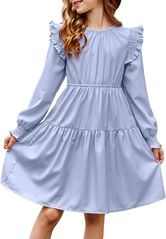 Girls Vintage Puff Long Sleeve Ruffle Dresses with Two Side Pockets for 6-13 Years, Fall/Spring/Summer in Kuwait