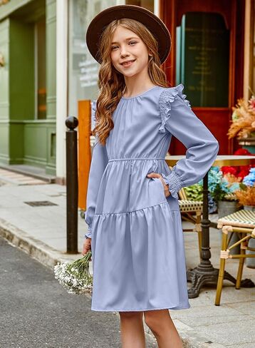 Girls Vintage Puff Long Sleeve Ruffle Dresses with Two Side Pockets for 6-13 Years, Fall/Spring/Summer in Kuwait