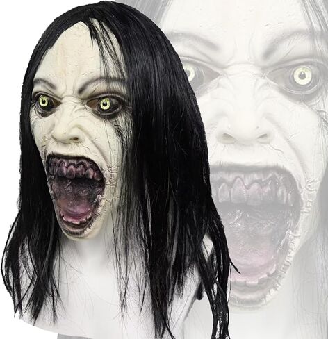 Scary Halloween Mask Crying Woman Mask with Wigs Horror Evil Ghost Devil Creepy Demon Full Head Latxe Mask Scary Halloween Masquerade Party Cosplay Props in Saudi Arabia