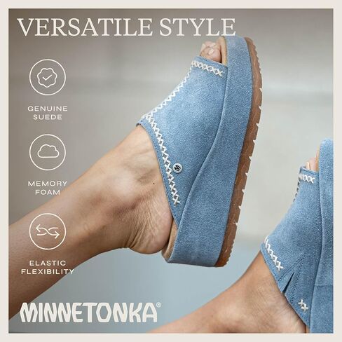 Minnetonka Paislee-صندل إسفين المرأة مع تصميم الانزلاق ، من جلد الغزال الأصلي ، بطانة الألياف الدقيقة ، ونعل المطاط السميك in Saudi Arabia