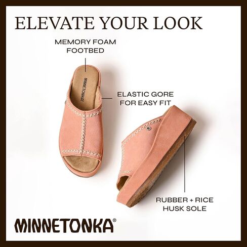 Minnetonka Paislee-صندل إسفين المرأة مع تصميم الانزلاق ، من جلد الغزال الأصلي ، بطانة الألياف الدقيقة ، ونعل المطاط السميك in Saudi Arabia