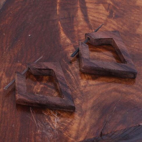 Wooden Hoop Earrings with Stick Posts, Geometic Rosewood Bohemian Wood Earrings, Lightweight Tribal Jewelry in Kuwait