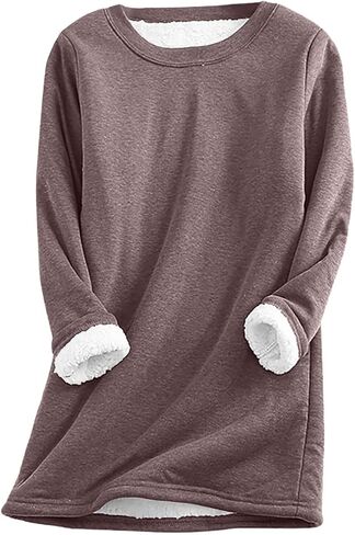 Women Sherpa Lined Sweatshirt Casual Fleece Crewneck Pullover Long Sleeve Work Sweater Winter Thermal Tops Loungewear in Saudi Arabia