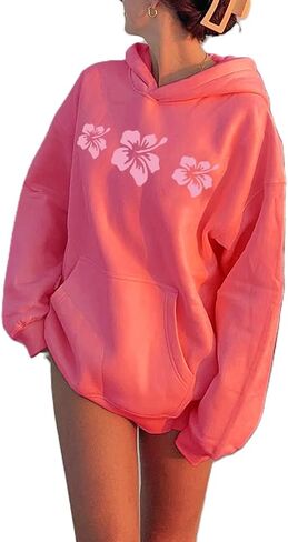 Women Teens Preppy Graphic Hoodies Y2K Long Sleeve Oversized Pullover Hibiscus Sweatshirt Top with Pocket in Kuwait