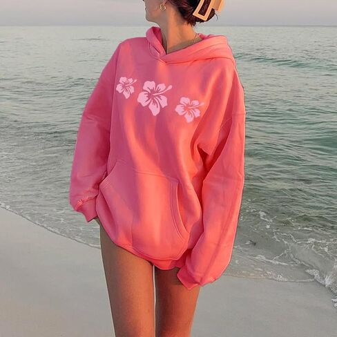 Women Teens Preppy Graphic Hoodies Y2K Long Sleeve Oversized Pullover Hibiscus Sweatshirt Top with Pocket in Kuwait