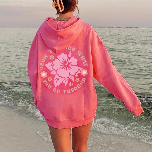 Women Teens Preppy Graphic Hoodies Y2K Long Sleeve Oversized Pullover Hibiscus Sweatshirt Top with Pocket in Kuwait