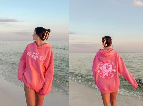 Women Teens Preppy Graphic Hoodies Y2K Long Sleeve Oversized Pullover Hibiscus Sweatshirt Top with Pocket in Kuwait