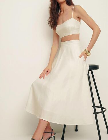 Kinghua Womens Linen Cnerts Spring Summer Flowy A Line Line Pleated Maxi Midi Skirt مع جيوب in Saudi Arabia