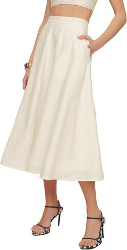 Kinghua Womens Linen Cnerts Spring Summer Flowy A Line Line Pleated Maxi Midi Skirt مع جيوب in Saudi Arabia