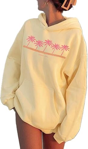 Women Teens Preppy Graphic Hoodies Y2K Long Sleeve Oversized Pullover Hibiscus Sweatshirt Top with Pocket in Kuwait