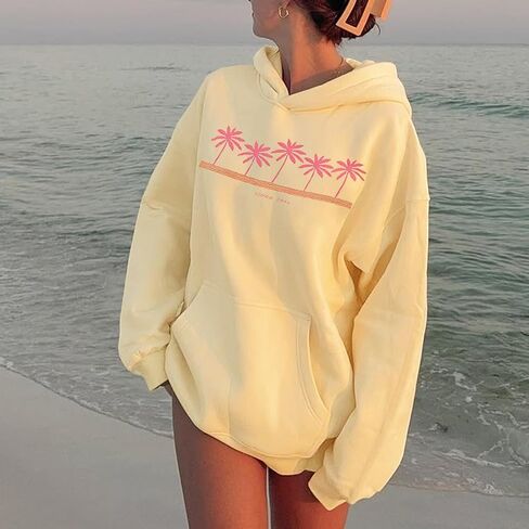Women Teens Preppy Graphic Hoodies Y2K Long Sleeve Oversized Pullover Hibiscus Sweatshirt Top with Pocket in Kuwait