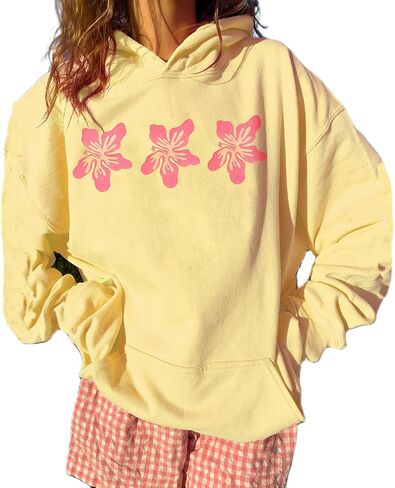 Women Teens Preppy Graphic Hoodies Y2K Long Sleeve Oversized Pullover Hibiscus Sweatshirt Top with Pocket in Kuwait
