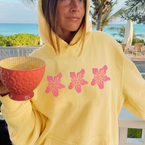 Women Teens Preppy Graphic Hoodies Y2K Long Sleeve Oversized Pullover Hibiscus Sweatshirt Top with Pocket in Kuwait