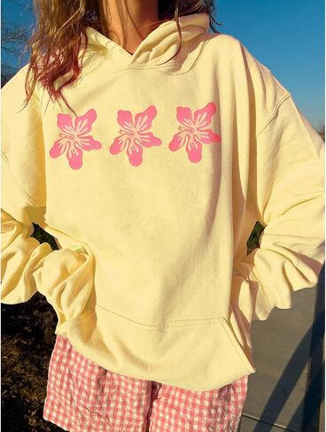 Women Teens Preppy Graphic Hoodies Y2K Long Sleeve Oversized Pullover Hibiscus Sweatshirt Top with Pocket in Kuwait