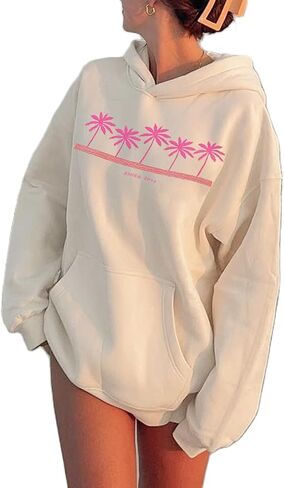 Women Teens Preppy Graphic Hoodies Y2K Long Sleeve Oversized Pullover Hibiscus Sweatshirt Top with Pocket in Kuwait