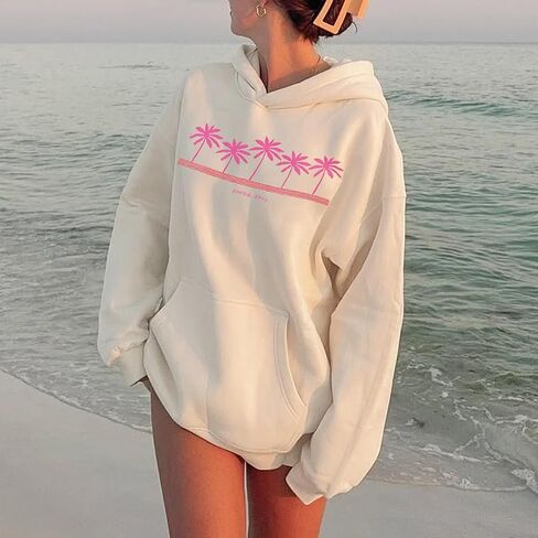 Women Teens Preppy Graphic Hoodies Y2K Long Sleeve Oversized Pullover Hibiscus Sweatshirt Top with Pocket in Kuwait