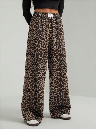 GORGLITTER Women's Leopard Cheetah Print Pants Wide Leg Elastic High Waisted Baggy Sweatpants in Kuwait