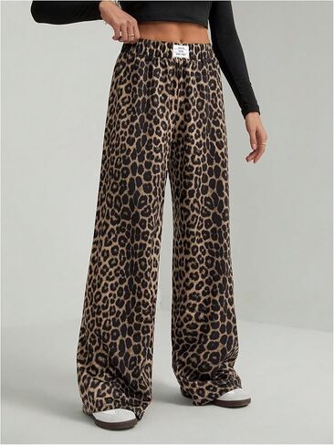 GORGLITTER Women's Leopard Cheetah Print Pants Wide Leg Elastic High Waisted Baggy Sweatpants in Kuwait