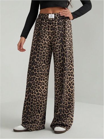 GORGLITTER Women's Leopard Cheetah Print Pants Wide Leg Elastic High Waisted Baggy Sweatpants in Kuwait
