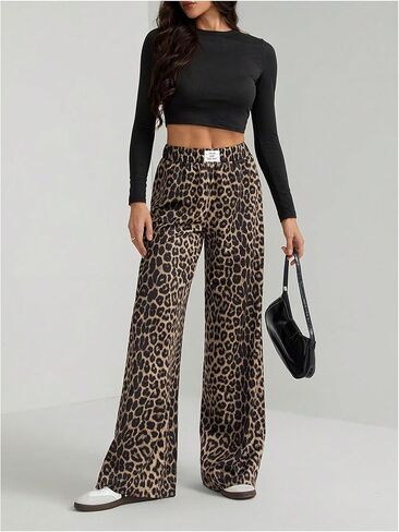 GORGLITTER Women's Leopard Cheetah Print Pants Wide Leg Elastic High Waisted Baggy Sweatpants in Kuwait