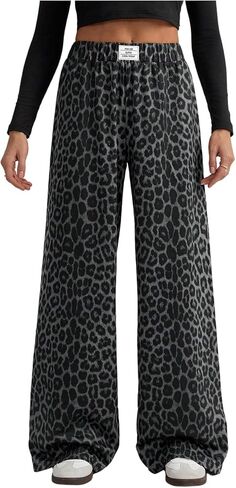 GORGLITTER Women's Leopard Cheetah Print Pants Wide Leg Elastic High Waisted Baggy Sweatpants in Kuwait