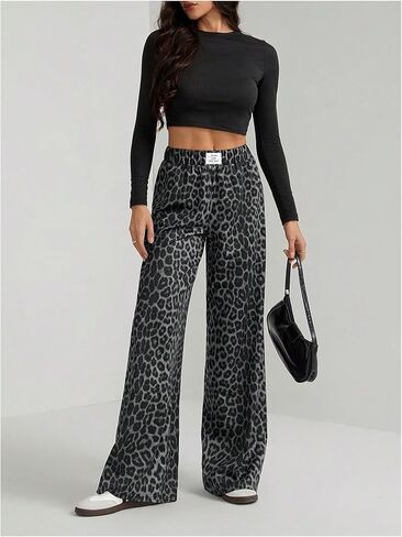 GORGLITTER Women's Leopard Cheetah Print Pants Wide Leg Elastic High Waisted Baggy Sweatpants in Kuwait