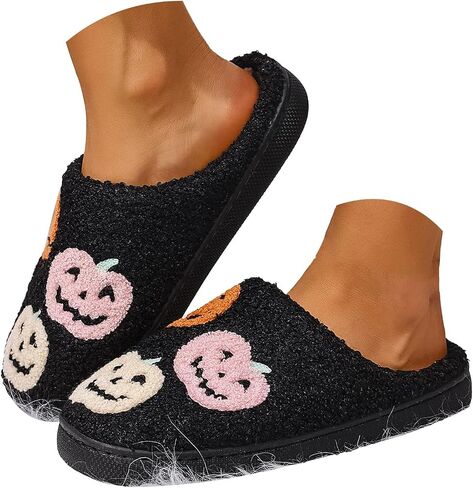 Halloween Pumpkin Slippers for Women Men,Funny Ghost Face Spooky Slides Soft Plush Fuzzy Holiday House Slippers Warm Indoor Outdoor Slip-on Shoes Winter College Dorm Slipper in Saudi Arabia