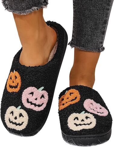 Halloween Pumpkin Slippers for Women Men,Funny Ghost Face Spooky Slides Soft Plush Fuzzy Holiday House Slippers Warm Indoor Outdoor Slip-on Shoes Winter College Dorm Slipper in Saudi Arabia