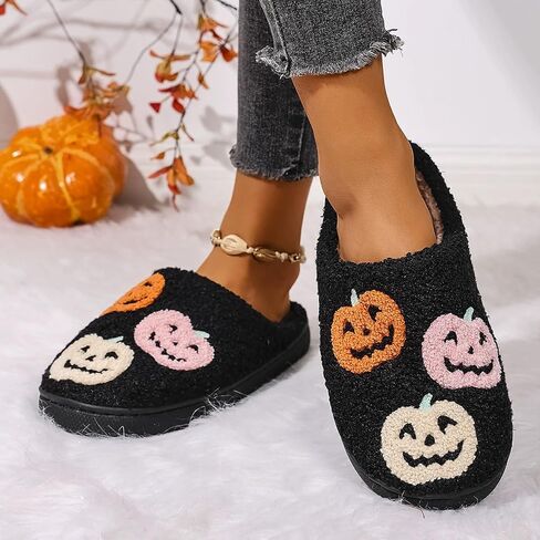 Halloween Pumpkin Slippers for Women Men,Funny Ghost Face Spooky Slides Soft Plush Fuzzy Holiday House Slippers Warm Indoor Outdoor Slip-on Shoes Winter College Dorm Slipper in Saudi Arabia