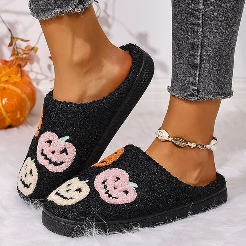Halloween Pumpkin Slippers for Women Men,Funny Ghost Face Spooky Slides Soft Plush Fuzzy Holiday House Slippers Warm Indoor Outdoor Slip-on Shoes Winter College Dorm Slipper in Saudi Arabia