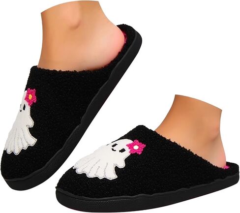 Halloween Pumpkin Slippers for Women Men,Funny Ghost Face Spooky Slides Soft Plush Fuzzy Holiday House Slippers Warm Indoor Outdoor Slip-on Shoes Winter College Dorm Slipper in Saudi Arabia