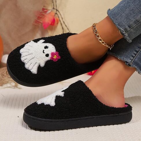 Halloween Pumpkin Slippers for Women Men,Funny Ghost Face Spooky Slides Soft Plush Fuzzy Holiday House Slippers Warm Indoor Outdoor Slip-on Shoes Winter College Dorm Slipper in Saudi Arabia