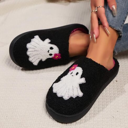 Halloween Pumpkin Slippers for Women Men,Funny Ghost Face Spooky Slides Soft Plush Fuzzy Holiday House Slippers Warm Indoor Outdoor Slip-on Shoes Winter College Dorm Slipper in Saudi Arabia