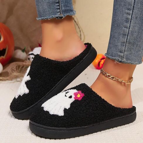 Halloween Pumpkin Slippers for Women Men,Funny Ghost Face Spooky Slides Soft Plush Fuzzy Holiday House Slippers Warm Indoor Outdoor Slip-on Shoes Winter College Dorm Slipper in Saudi Arabia