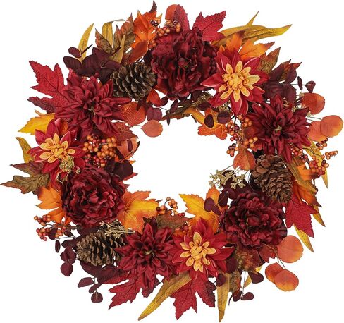 24" Artificial Fall Floral Wreath for Front Door Autumn Wreath with Pumpkin Peony Hydrangea for Halloween Thanksgiving Day Indoor Outdoor Farmhouse Window Wall Décor in Kuwait
