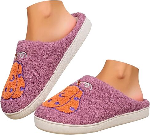 Halloween Pumpkin Slippers for Women Men,Funny Ghost Face Spooky Slides Soft Plush Fuzzy Holiday House Slippers Warm Indoor Outdoor Slip-on Shoes Winter College Dorm Slipper in Saudi Arabia