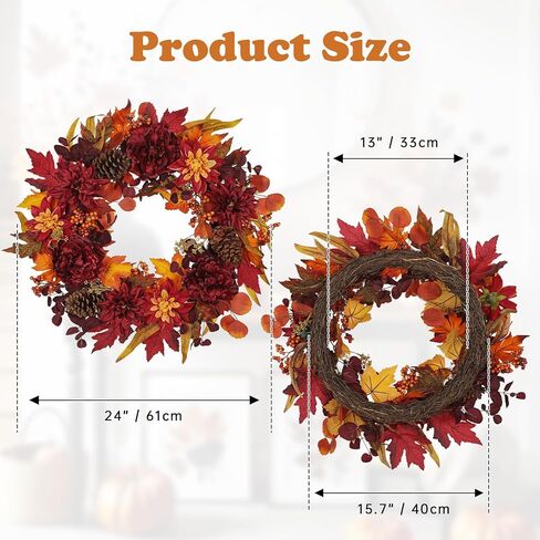 24" Artificial Fall Floral Wreath for Front Door Autumn Wreath with Pumpkin Peony Hydrangea for Halloween Thanksgiving Day Indoor Outdoor Farmhouse Window Wall Décor in Kuwait
