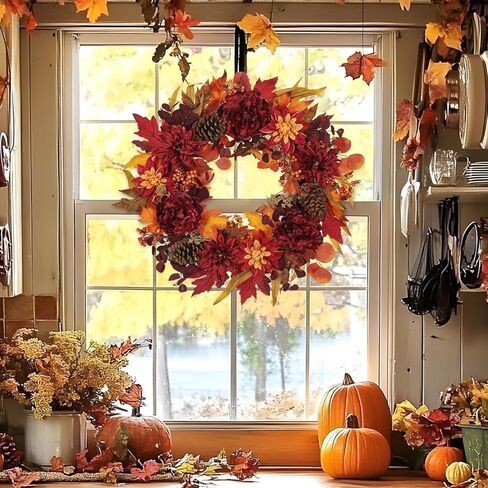 24" Artificial Fall Floral Wreath for Front Door Autumn Wreath with Pumpkin Peony Hydrangea for Halloween Thanksgiving Day Indoor Outdoor Farmhouse Window Wall Décor in Kuwait